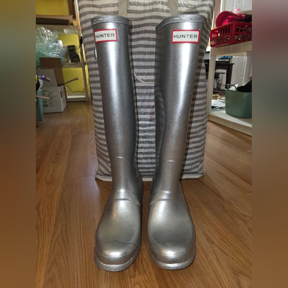 Women's Hunter Silver Rain Boots - Multi Color Glitter - Size 8